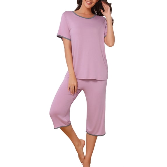 INSPIRE CHIC Women's Halloween Short Sleeve Pajama Set Soft Modal Capri Lounge Pants 2-Piece Sleepwear S Pink