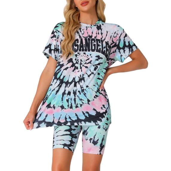 INSPIRE CHIC Women Tie Dye Lounge Set Outfits Biker Shorts Sets Loungewear XL Blue Pink