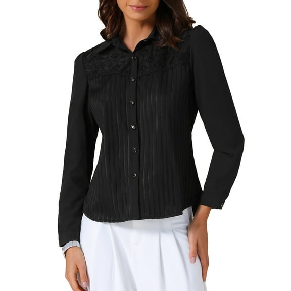 INSPIRE CHIC Women Work Shirt Striped Lace Lapel Collar Button Down Long Sleeve Office Blouse M Black
