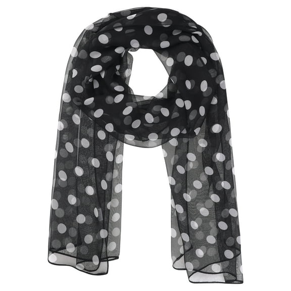 INSPIRE CHIC Women's 1950s Polka Dots Chiffon Scarf, Retro Lightweight Soft Sheer Long Head Wrap Shawl Scarves for All Season 63.0"x19.7" Black-White Dots