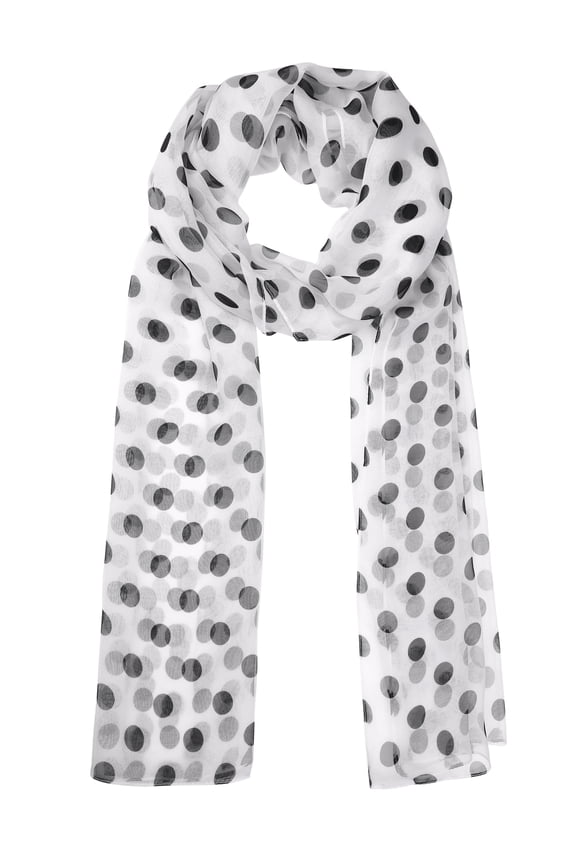 Women's 1950s Polka Dots Chiffon Scarf, Retro Lightweight Soft Sheer Long Head Wrap Shawl Scarves for All Season 70.9"x27.6" White