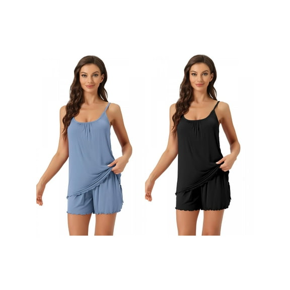 NOMADIC NOOK Women's 2 Pack Loungewear Solid Hue Ruffle-Trim Cami Tops with Shorts Sleep Sets Large Black/Blue