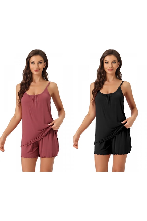 Women's 2 Pack Loungewear Solid Hue Ruffle-Trim Cami Tops with Shorts Sleep Sets Small Black/Red