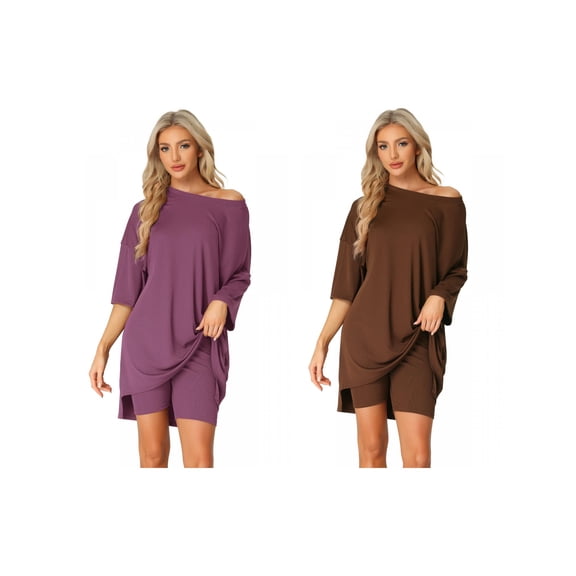 NOMADIC NOOK Women's 2 Pack Oversized Loungewear Set Athletic Tee with Biker Shorts Outfit Collection Small Brown/Purple Red