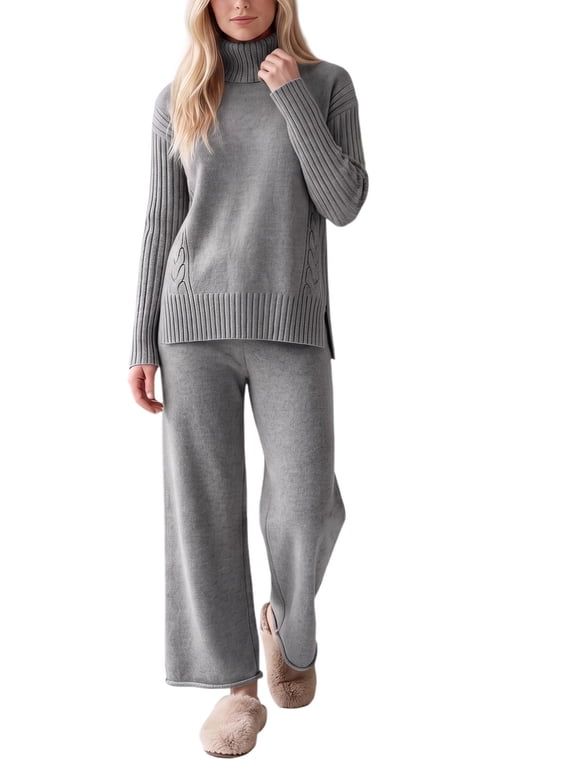 Women's 2 Piece Cable Knit Sweater Set Turtleneck Drop Shoulder Adjustable Long Sleeve Medium Gray