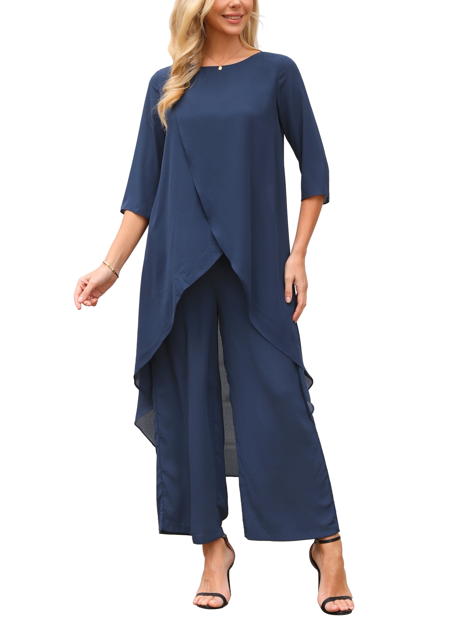 INSPIRE CHIC Women's 2 Piece Chiffon Pantsuit Ruffle Top Wide Leg