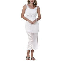INSPIRE CHIC Women's 2 Piece Hollow Out Cover Up Set V Neck Crop Tank Top Slit Skirt Outfit XS White