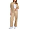 thumbnail image 1 of INSPIRE CHIC Women's 2 Piece Linen Set Button Down Shirt Drawstring Wide Leg Pants Casual Outfit L Khaki, 1 of 6