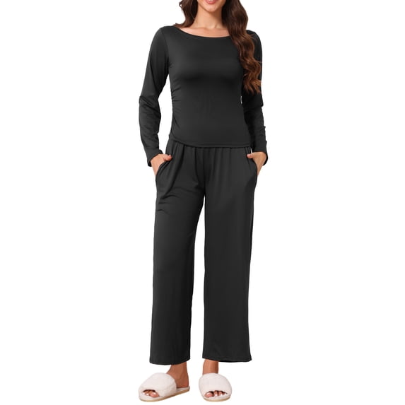 INSPIRE CHIC Women's 2 Piece Lounge Set Long Sleeve U-Neck Top & Wide Leg Pants Pajama Set for Sleeping & Casual Wear L Black