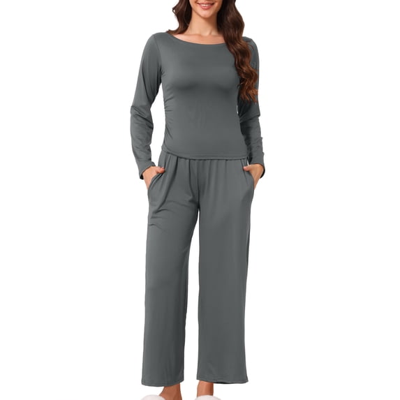 INSPIRE CHIC Women's 2 Piece Lounge Set Long Sleeve U-Neck Top & Wide Leg Pants Pajama Set for Sleeping & Casual Wear XS Deep Grey