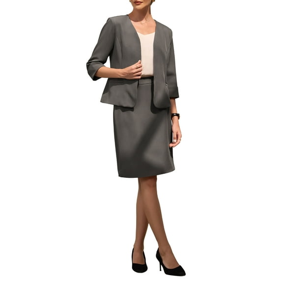 INSPIRE CHIC Women's 2 Piece Set Business Suit Pencil Skirt Collarless Work Blazer M Grey