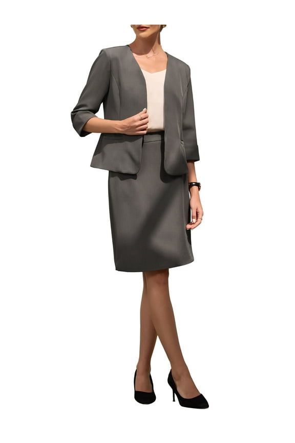 Women's 2 Piece Set Business Suit Pencil Skirt Collarless Work Blazer M Grey