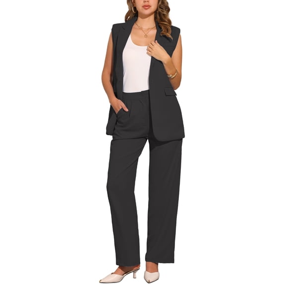 INSPIRE CHIC Women's 2 Piece Set Casual Outfits Sleeveless Blazer and Wide Leg Dressy Pant Suits 2XL Black