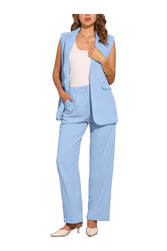 Women's 2 Piece Set Casual Outfits Sleeveless Blazer and Wide Leg Dressy Pant Suits M Blue