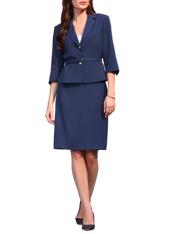 Women's 2 Piece Sets Business 3/4 Sleeve Blazer with Belt Pencil Skirt Suit L Navy Blue