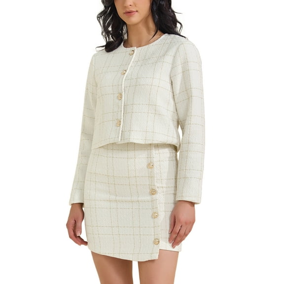 INSPIRE CHIC Women's 2 Piece Skirt Set Plaid Tweed Blazer Button Down Long Sleeve Jacket Mini Skirt Sets XS White