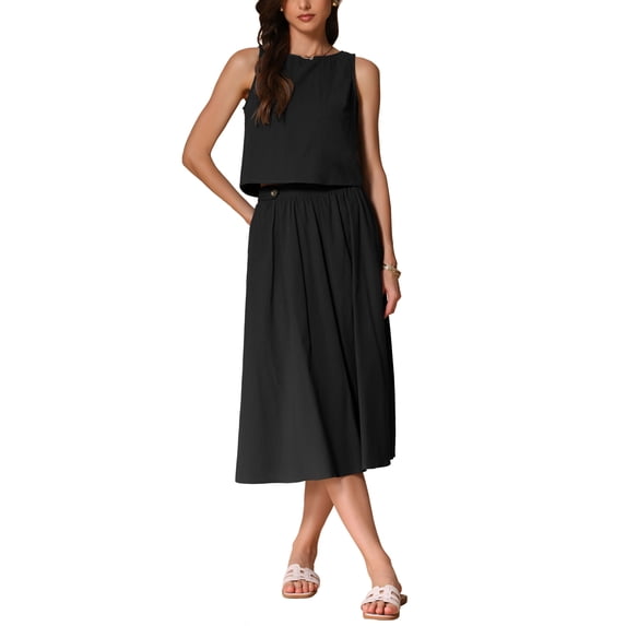 INSPIRE CHIC Women's 2 Piece Skirt Set Sleeveless Crop Tank High Waist A-Line Midi Skirt Casual Summer Outfits Black XS