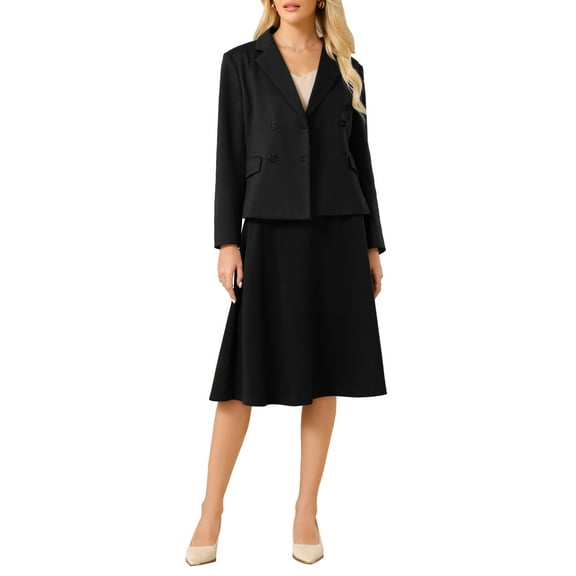 INSPIRE CHIC Women's 2 Piece Skirt Suit Set 2025 Fall Winter Double Breasted Blazers and A-Line Skirts 2XL Black
