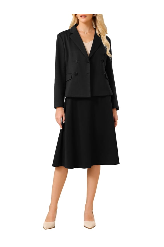 Women's 2 Piece Skirt Suit Set 2025 Fall Winter Double Breasted Blazers and A-Line Skirts S Black