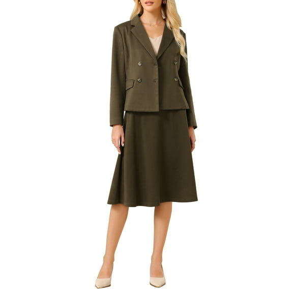 INSPIRE CHIC Women's 2 Piece Skirt Suit Set 2025 Fall Winter Double Breasted Blazers and A-Line Skirts XL Dark Brown