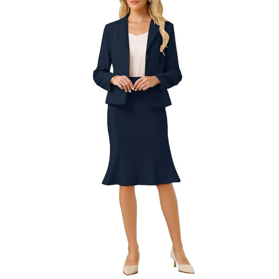 INSPIRE CHIC Women's 2 Piece Skirt Suit Set 2025 Trendy Work Blazers and Fishtail Pencil Skirts S Navy Blue
