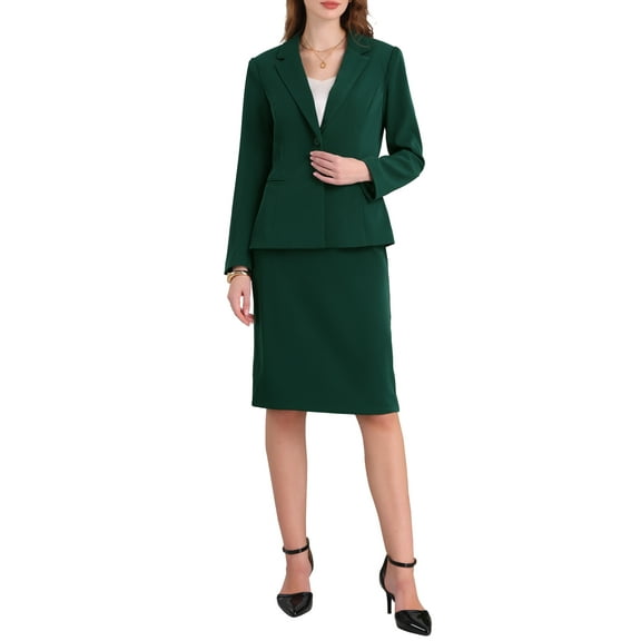 INSPIRE CHIC Women's 2 Piece Suit Skirt Set Business Formal Blazer and Pencil Skirt 2XL Green
