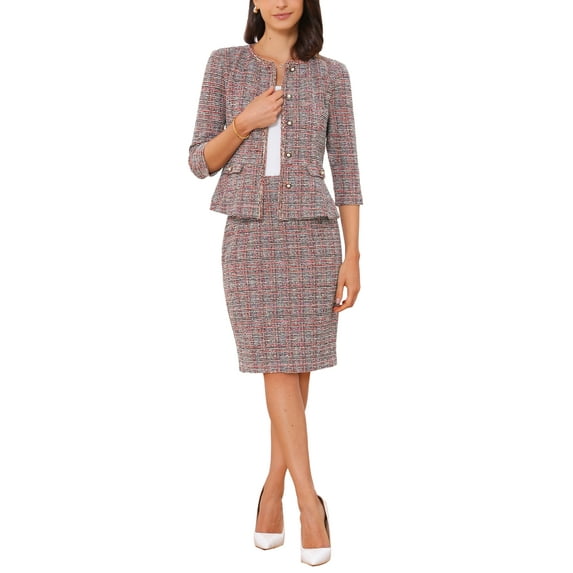 INSPIRE CHIC Women's 2 Piece Tweed Suit Button Down 3/4 Sleeve Jacket Pencil Skirt Set M Red