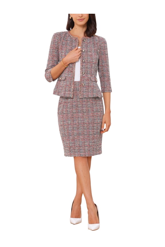 Women's 2 Piece Tweed Suit Set Button Down 3/4 Sleeve Jacket Pencil Skirt Set Red XL
