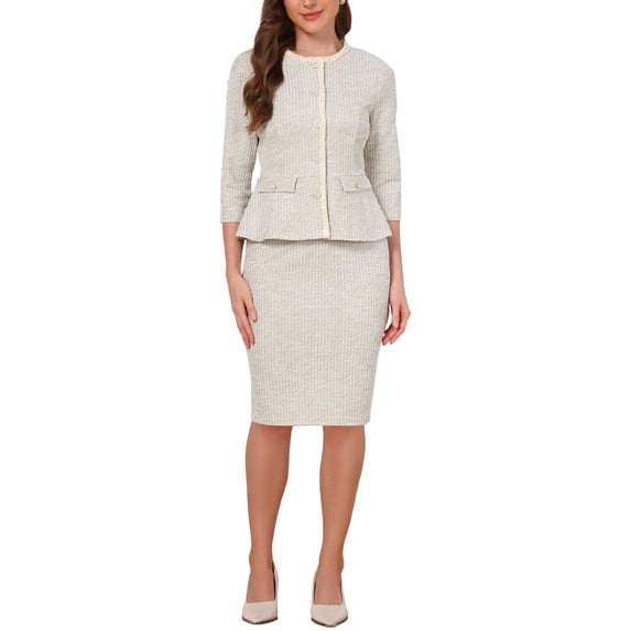 INSPIRE CHIC Women's 2 Piece Tweed Suit Set Button Down 3/4 Sleeve Jacket Pencil Skirt Set Apricot L
