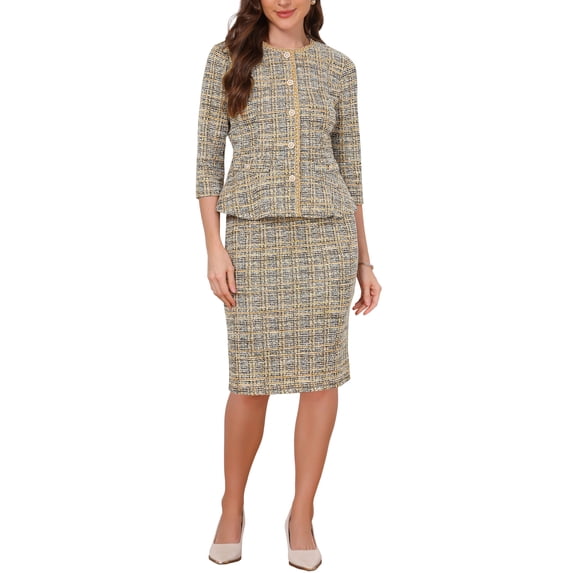 INSPIRE CHIC Women's 2 Piece Tweed Suit Set Button Down 3/4 Sleeve Jacket Pencil Skirt Set Orange S