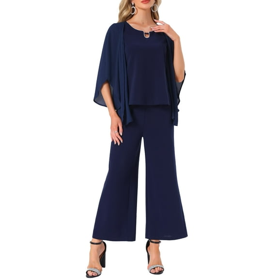INSPIRE CHIC Women's 2 Pieces Sets Elegant Chiffon Sleeve Top Wide Legs Pants M Dark Blue