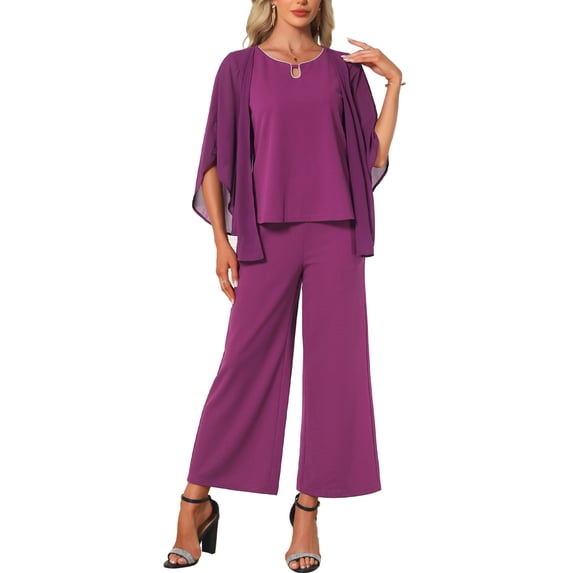 INSPIRE CHIC Women's 2 Pieces Sets Elegant Chiffon Sleeve Top Wide Legs Pants M Purple