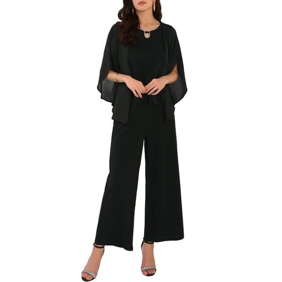 INSPIRE CHIC Women's 2 Pieces Sets Elegant Chiffon Sleeve Top Wide Legs Pants M Black