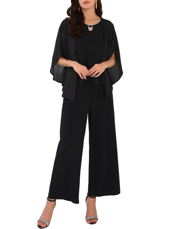 Women's Halloween Dressy Pantsuits Rhinestone Trim Chiffon 2-Piece Set Black XL