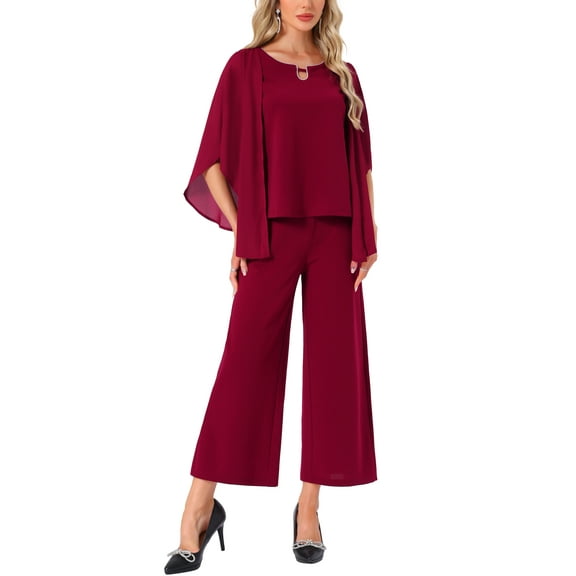 INSPIRE CHIC Women's 2 Pieces Sets Elegant Chiffon Sleeve Top Wide Legs Pants S Burgundy