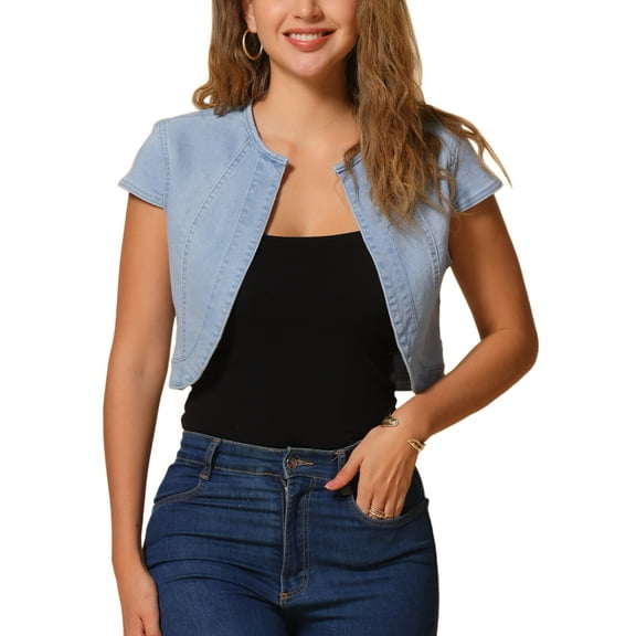 INSPIRE CHIC Women's 2023 Crop Denim Cap Sleeve Slim Fit Summer Jean Jacket S Light Blue-1