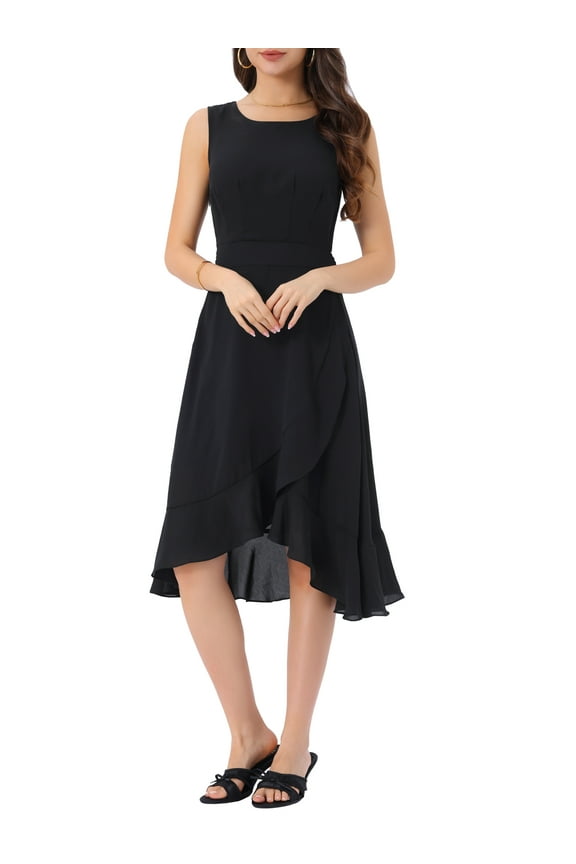 Women's Summer Dresses Wrap Ruffle Hem Round Neck Keyhole Back Sleeveless Floral Dress L Black