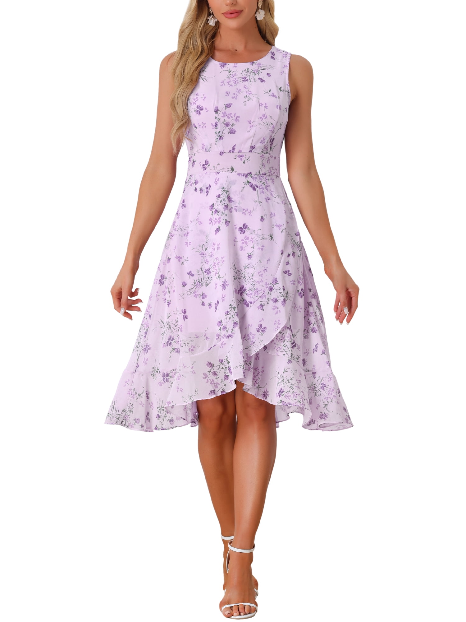 Women's Summer Dresses 2025 Wrap Ruffle High Low Hem Round Neck Keyhole Back Sleeveless Floral Dress L Purple