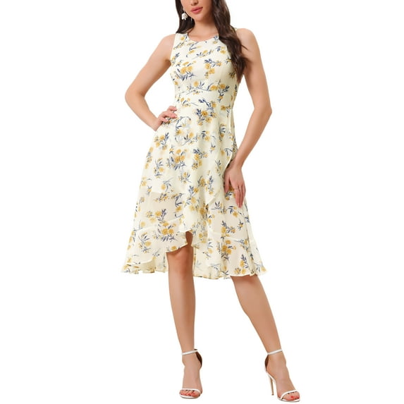 INSPIRE CHIC Women's Summer Dresses Wrap Ruffle Hem Round Neck Keyhole Back Sleeveless Floral Dress XL Beige