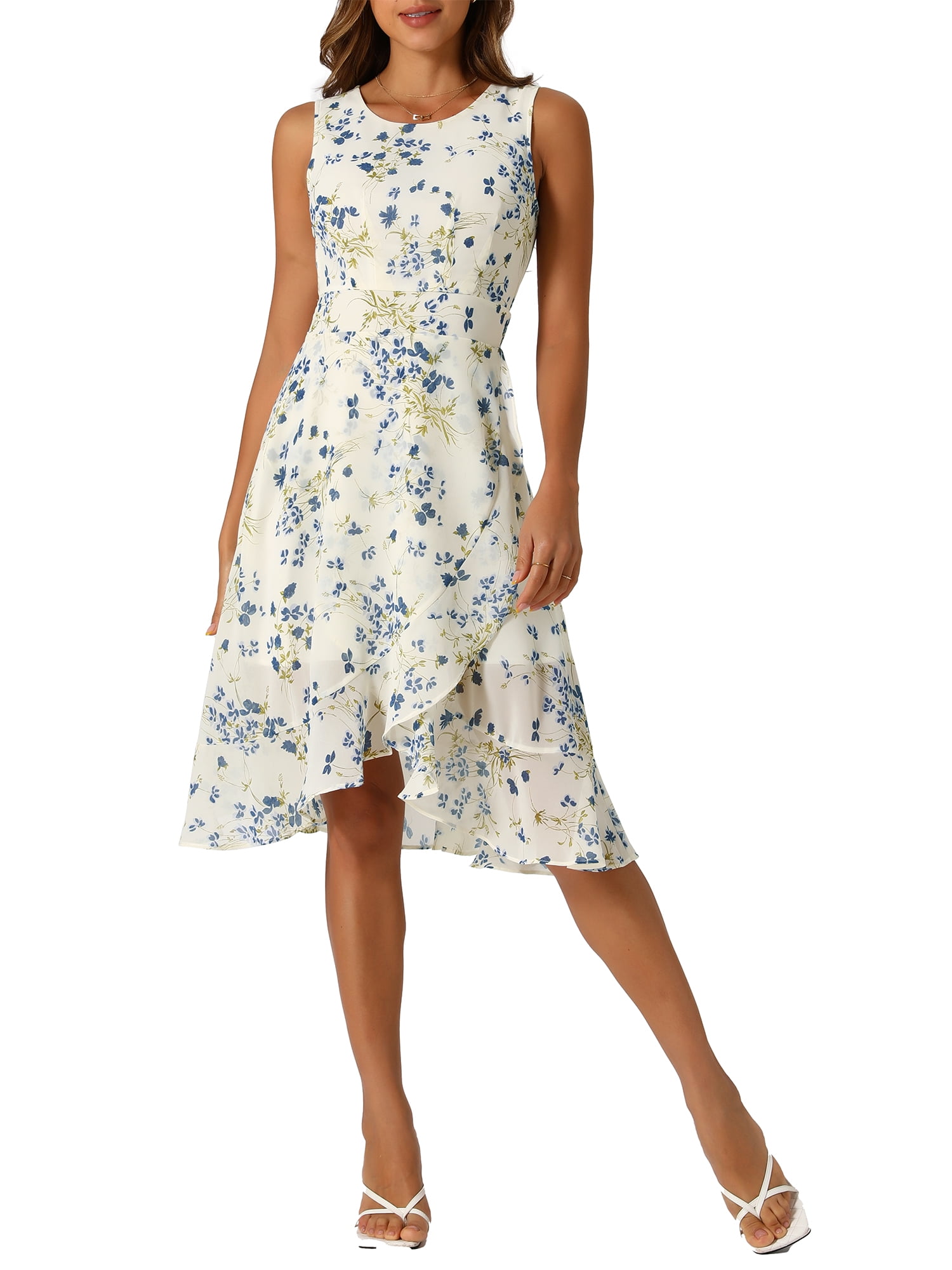 INSPIRE CHIC Women's Summer Dresses Wrap Ruffle Hem Round Neck Sleeveless Smock Back Waist Floral Dress