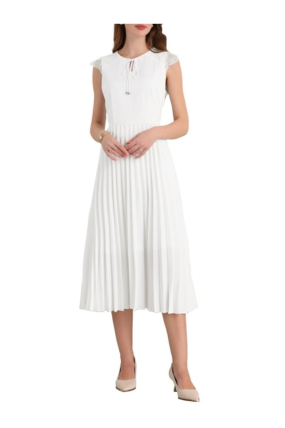 Women's 2025 Tie Neck Dress Midi A-Line Sleeveless Pleated Dress L White