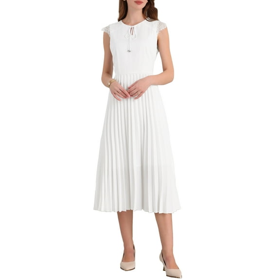 INSPIRE CHIC Women's 2025 Tie Neck Dress Midi A-Line Sleeveless Pleated Dress S White