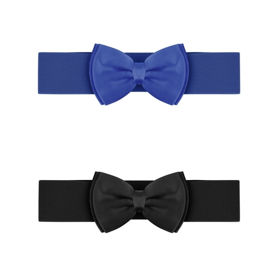 INSPIRE CHIC Women's 2Pcs Bowknot Elastic Belts, 2.4" Width Elegant Cute Stretchy Cinch Waistband for Dress Wedding 24 - 32" Black+Royal Blue