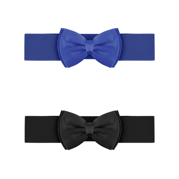 INSPIRE CHIC Women's 2Pcs Bowknot Elastic Belts, 2.4" Width Elegant Cute Stretchy Cinch Waistband for Dress Wedding 24 - 32" Black Royal Blue