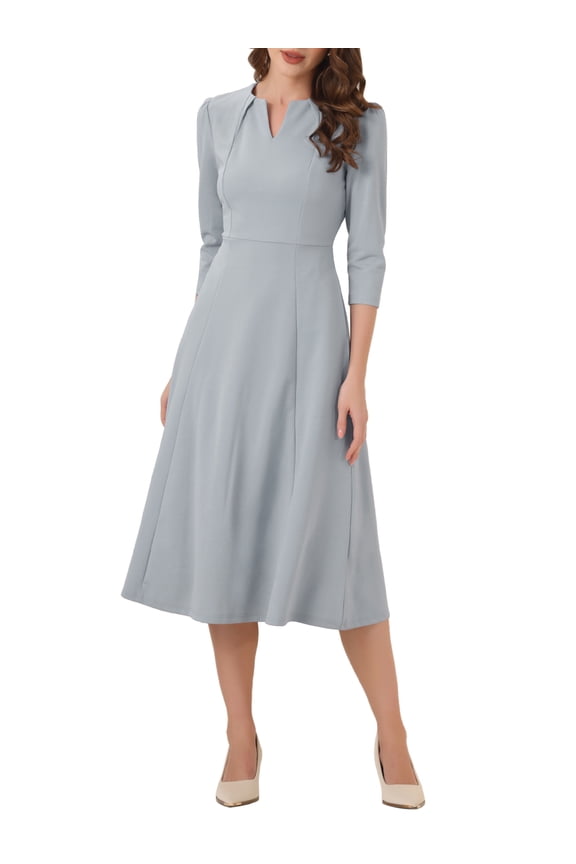 Women's Work Dress A Line 3/4 Sleeves Elegant Midi Dress L Grey