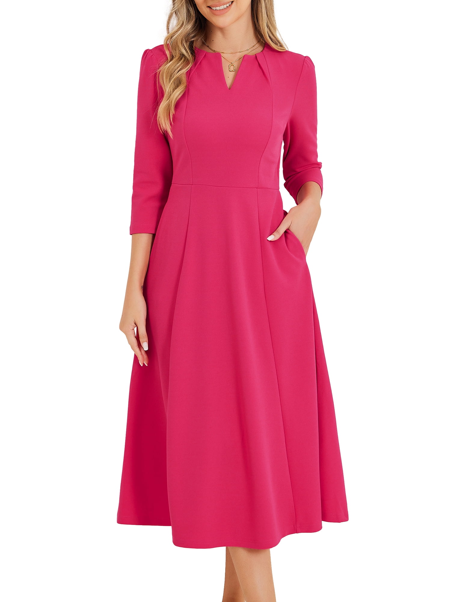 INSPIRE CHIC Women's 3/4 Sleeve ALine Dress, V Neck, Hot Pink, Elegant — free download