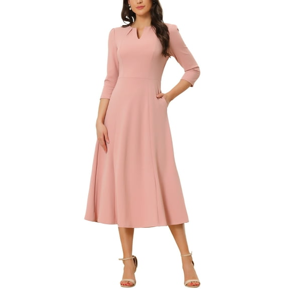 INSPIRE CHIC Women's Work Dress A Line 3/4 Sleeves Elegant Midi Dress L Pink