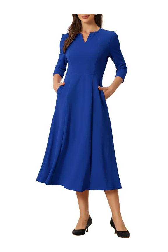 Women's Work Dress A Line 3/4 Sleeves Elegant Midi Dress L Royal Blue