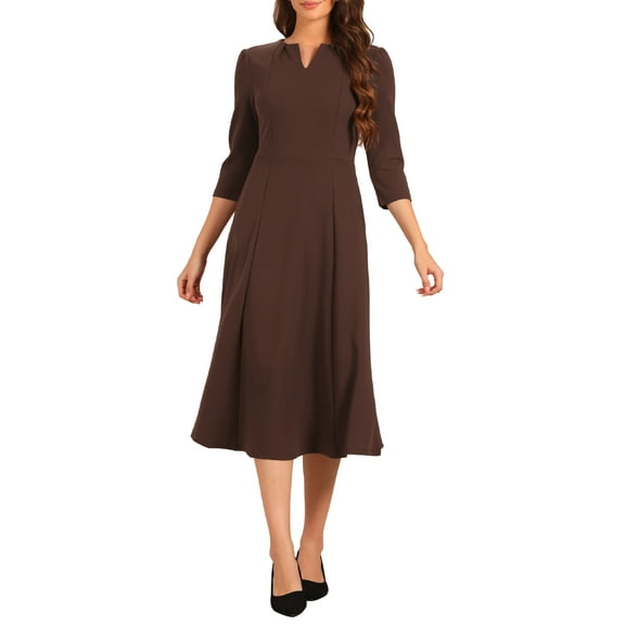 INSPIRE CHIC Women's Work Dress A Line 3/4 Sleeves Elegant Midi Dress M Dark Brown