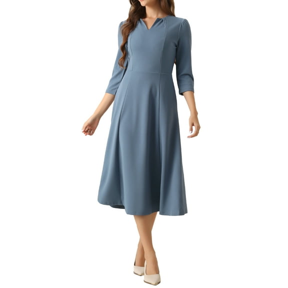 INSPIRE CHIC Women's Work Dress A Line 3/4 Sleeves Elegant Midi Dress M Gray Blue